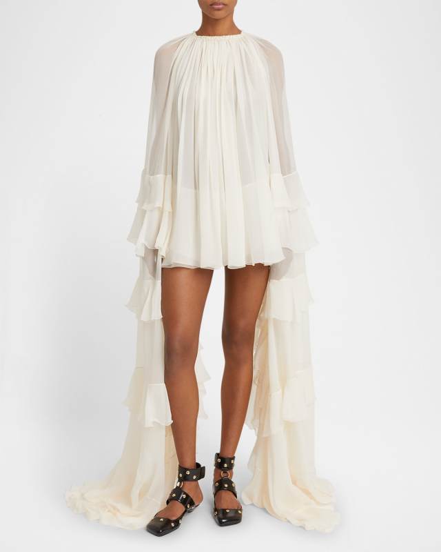 Draped Ruffle Sleeve Silk Mousseline Ruffle Mini Dress